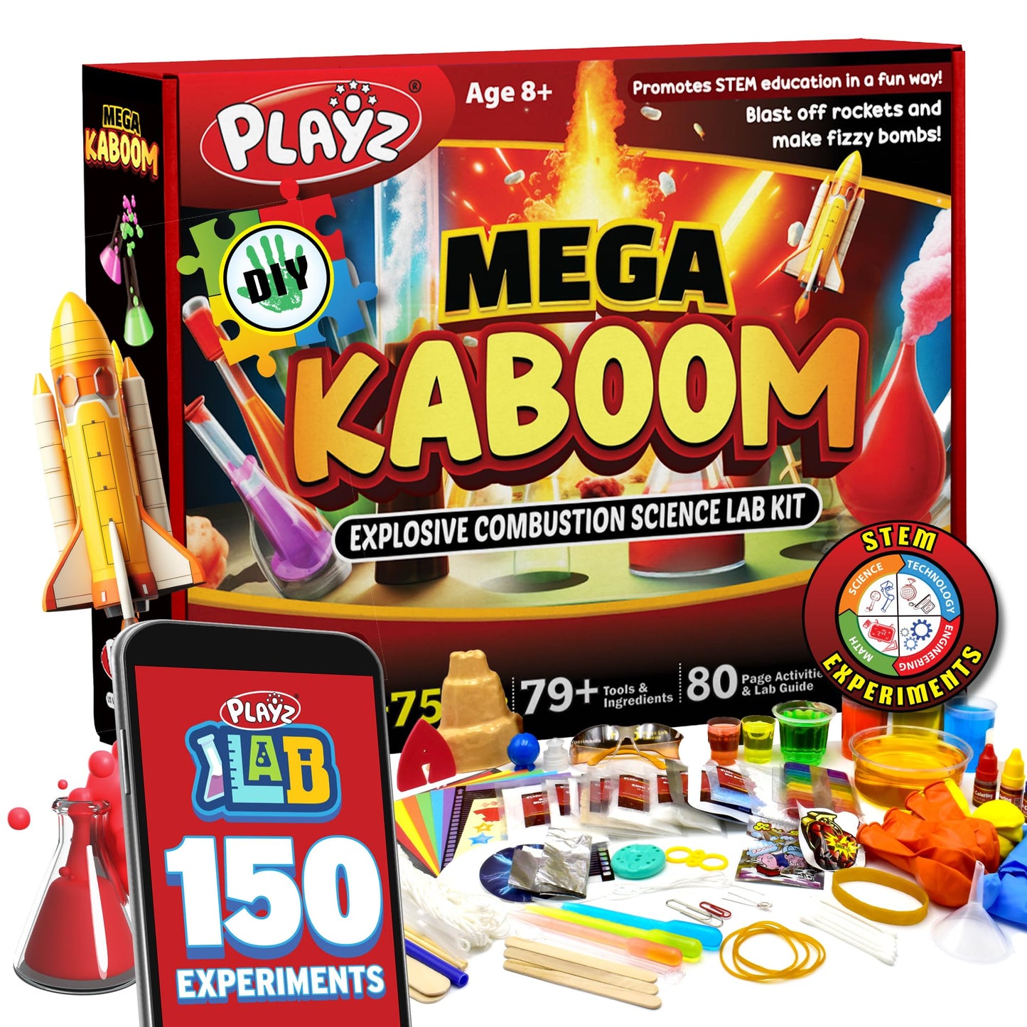 Playz Kaboom! 150+ Explosive Science Lab for Kids 8-12 - Educational STEM Kit - - educational toy