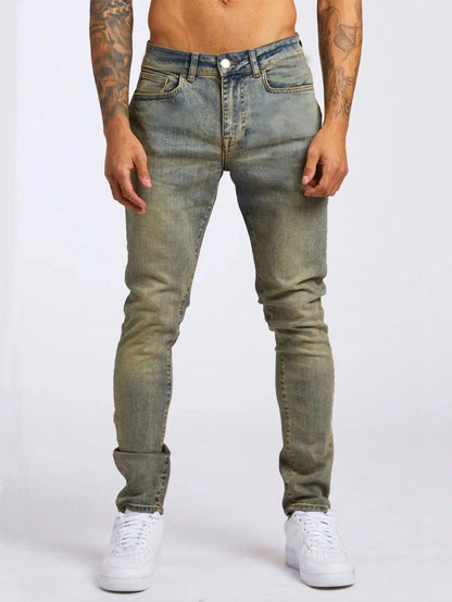 Retro Fashion Slim Fit Ripped Jeans Blue Denim Pants for Men