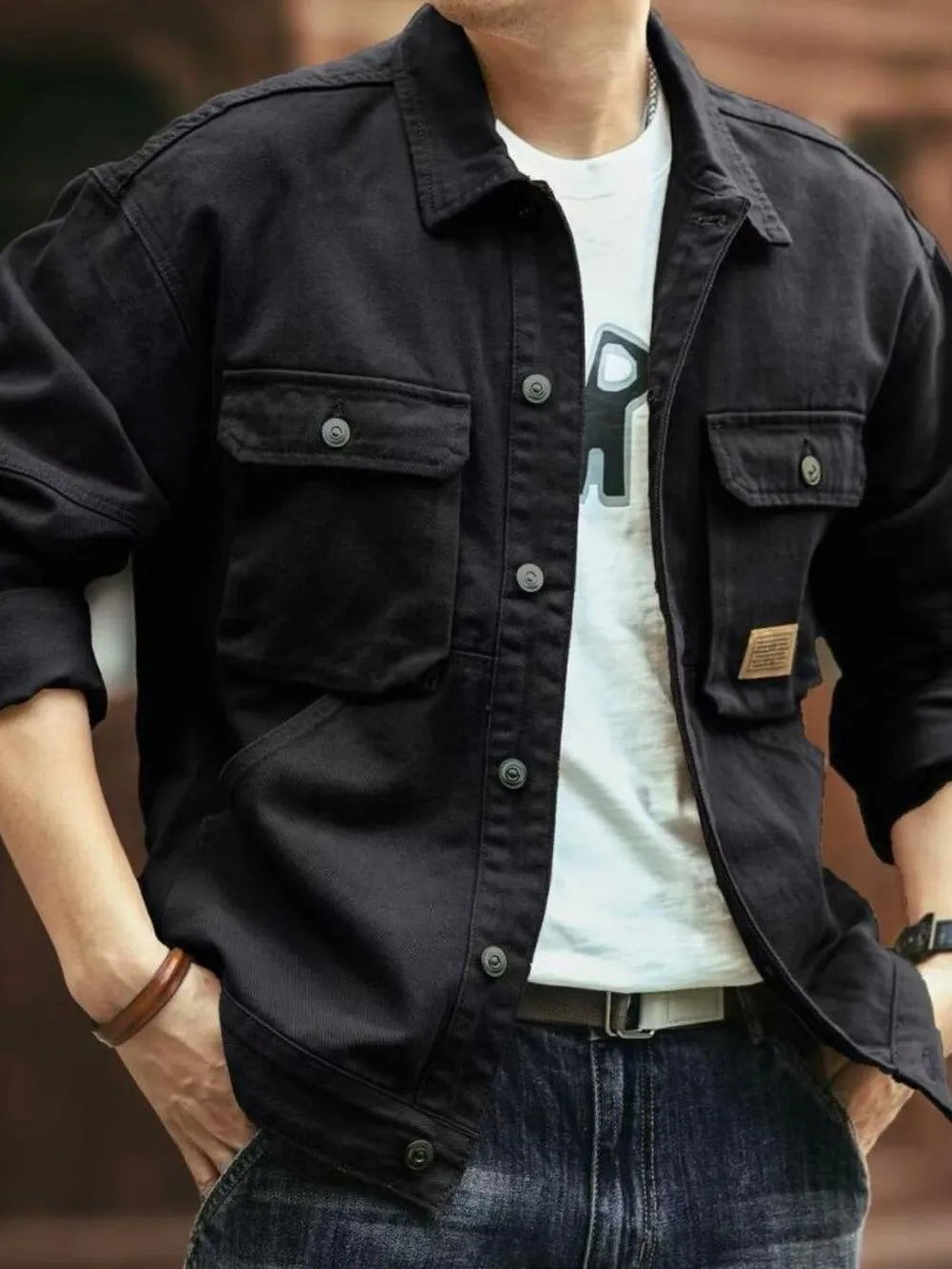 Men's Washed Collared Neck Cargo Jacket - Black -