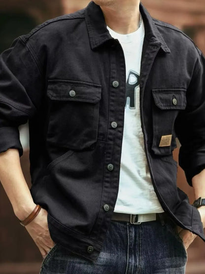 Men's Washed Collared Neck Cargo Jacket - Black -