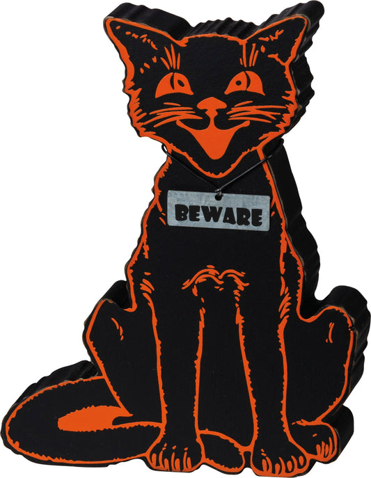 Beware Black Cat Chunky Sitter Wood Sign - - decor
