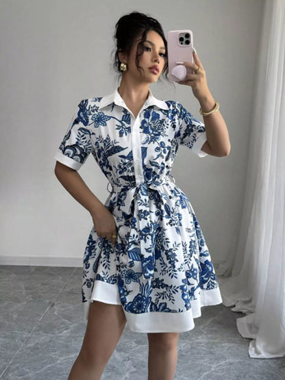 Floral Print Button-Front Shirt Dress - -