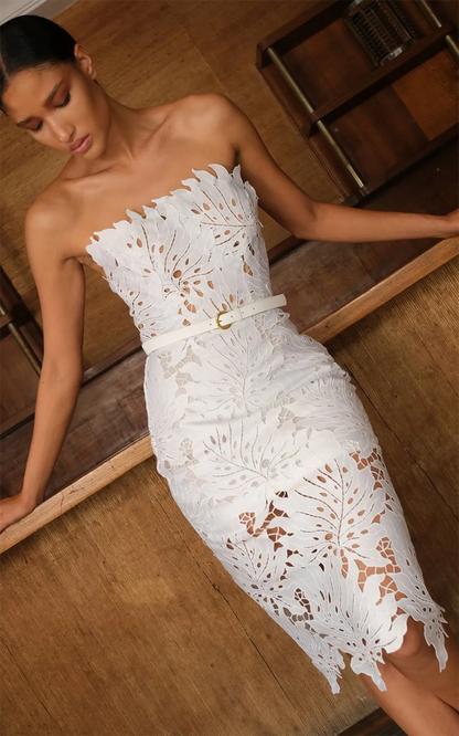 White Midi Dress Flower Cut-Out Elegant Party Dress - White - dress