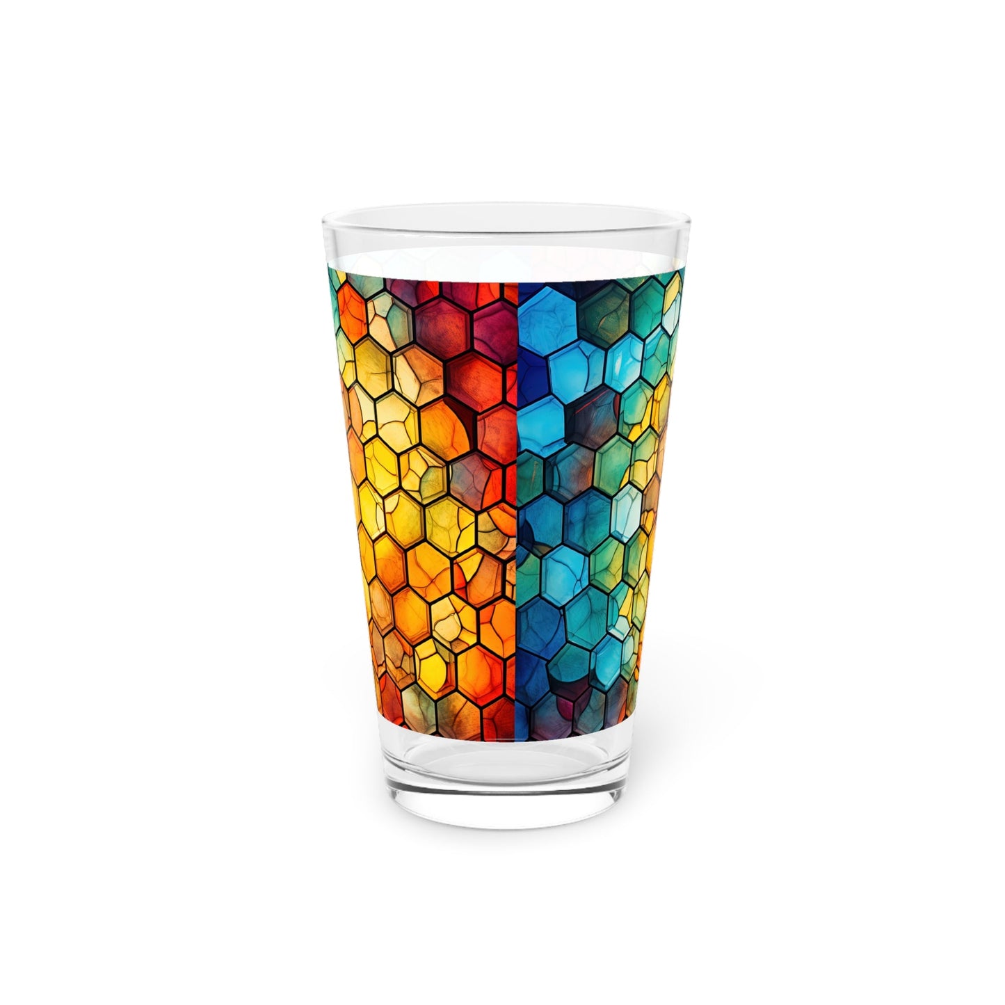 Honeycomb Suprise: A Blue and Yellow Honeycomb Stained Glass Artwork on a 16oz Pint Glass Gift idea gifts for home decor housewarming gift - - Mug