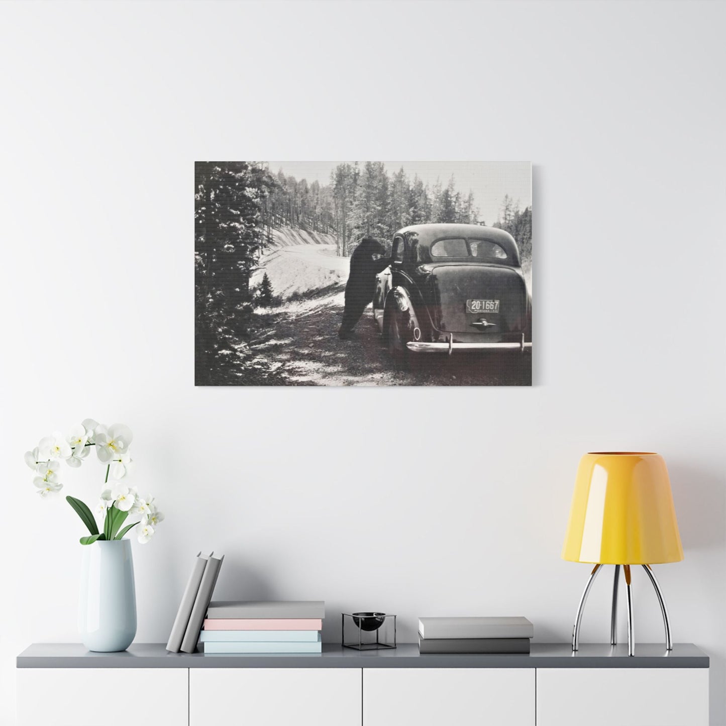 Yellowstone Bear Car Satin Canvas Stretched 36″ x 24″ (Horizontal) 1.5"