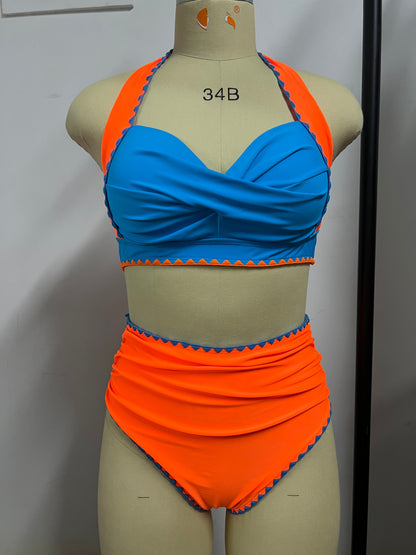 Bikini Swimsuit Women Twisted Swimwear Push Up Bikini Set High Waist Bathing Suit - Blue Orange -