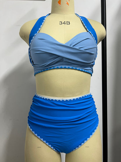 Bikini Swimsuit Women Twisted Swimwear Push Up Bikini Set High Waist Bathing Suit - Blue -