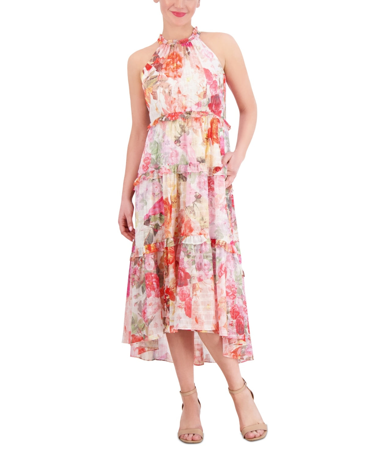 Vince Camuto Womens Printed Chiffon Ruffle-Tier High-Low Dress - Multi - New with tags