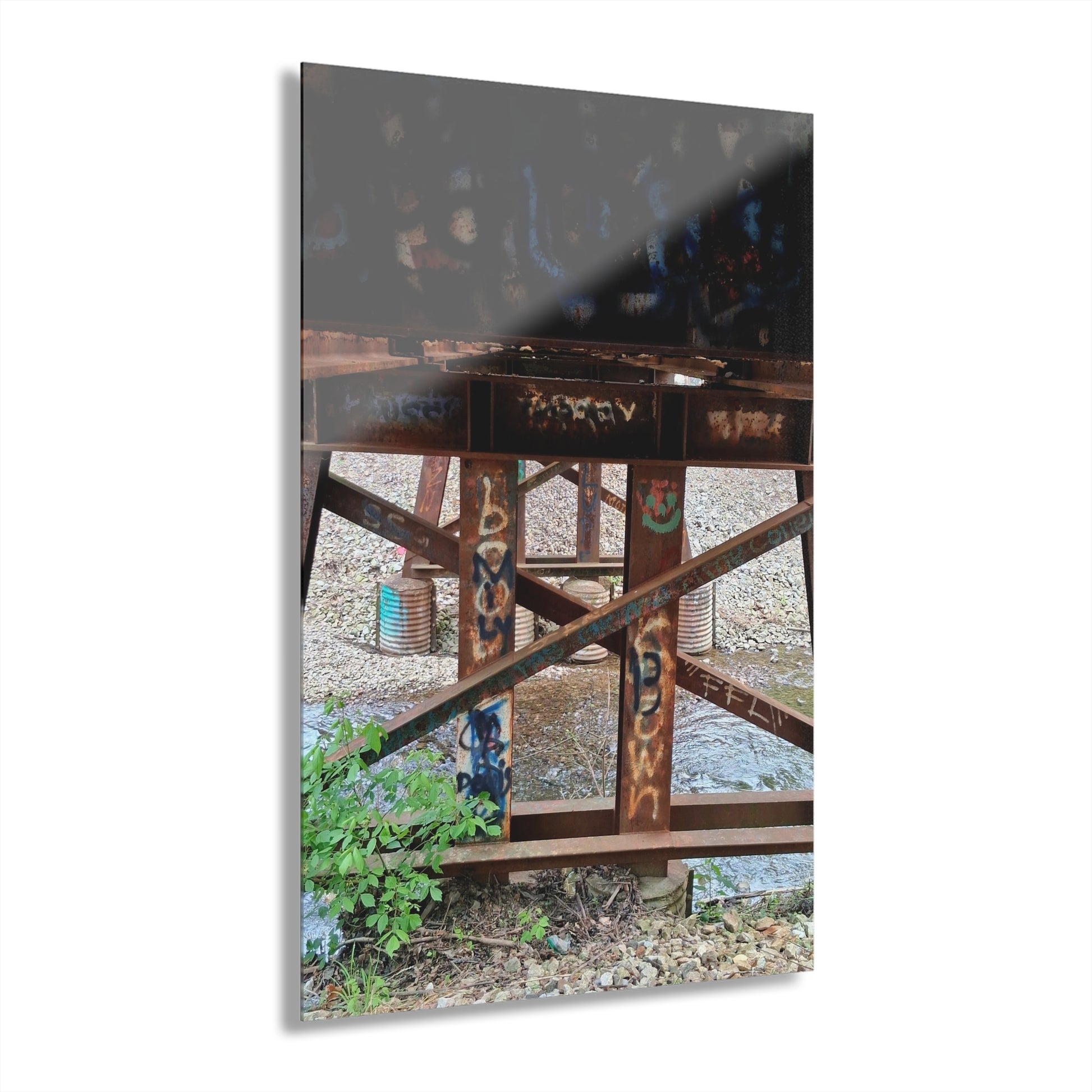 Urban Rusted Bridge Graffiti Acrylic Print French Cleat Hanging - - Home Decor