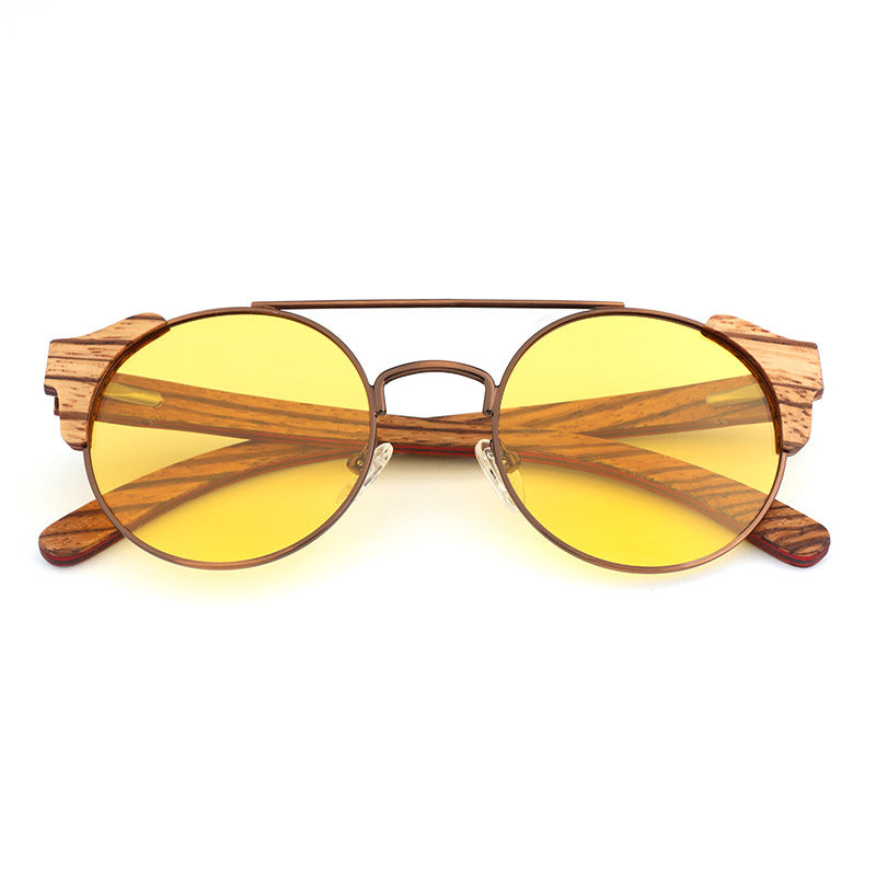 Bamboo Custom Retro Round Frame Sunglasses - Zebrawood interlayer-translucent yellow - sunglasses