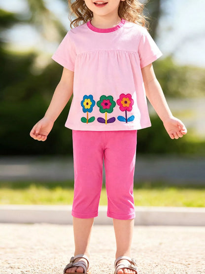 Children's Floral Top & Capri Pants Set - Fuchsia Pink -