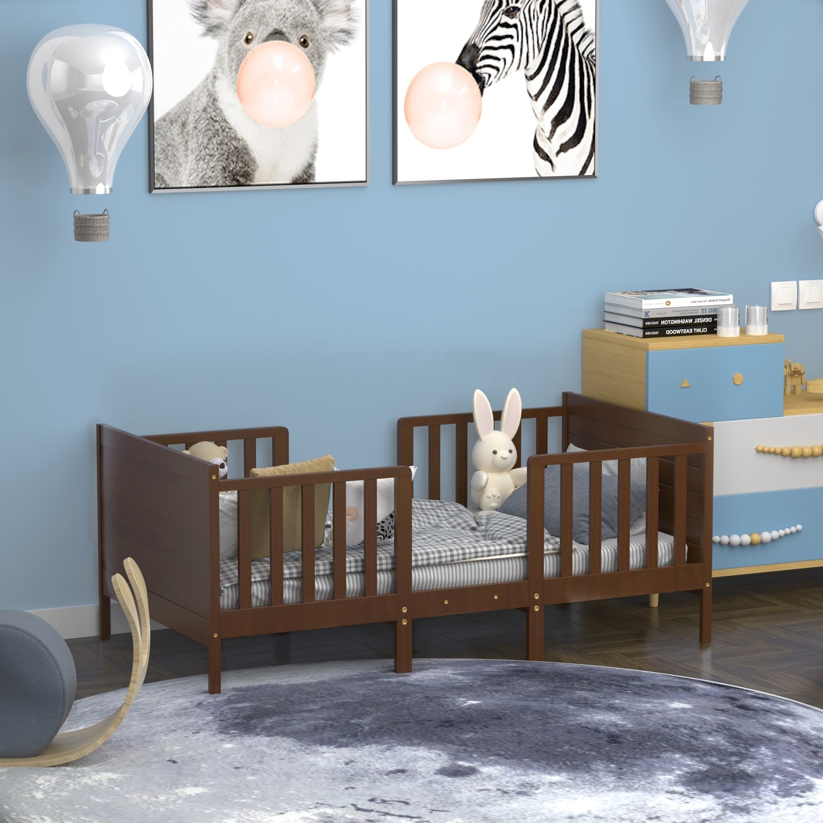 2-in-1 Convertible Kids Wooden Bedroom Furniture with Guardrails- DirectDeals- {{Product type}}