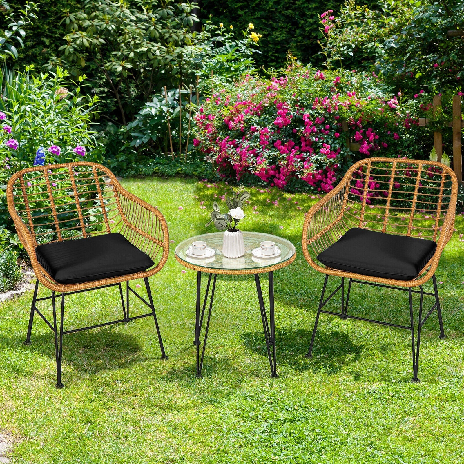 3 Pieces Rattan Furniture Set with Cushioned Chair Table- DirectDeals- {{Product type}}