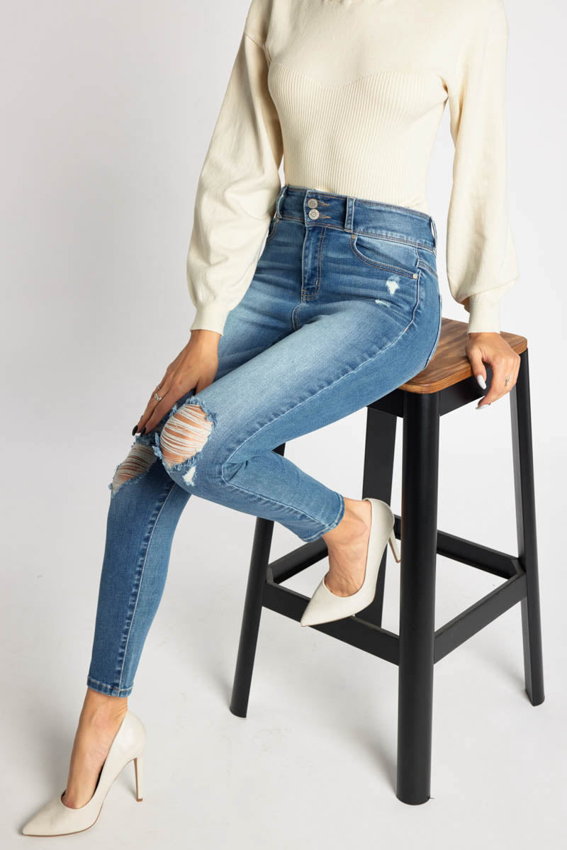 High Rise Destructed Skinny Jeans - - Skinny Jeans