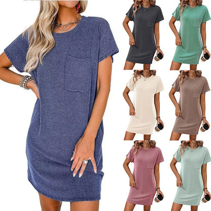 Women's Summer Casual Contrast Color Twisted Short Sleeve Dress With Pocket