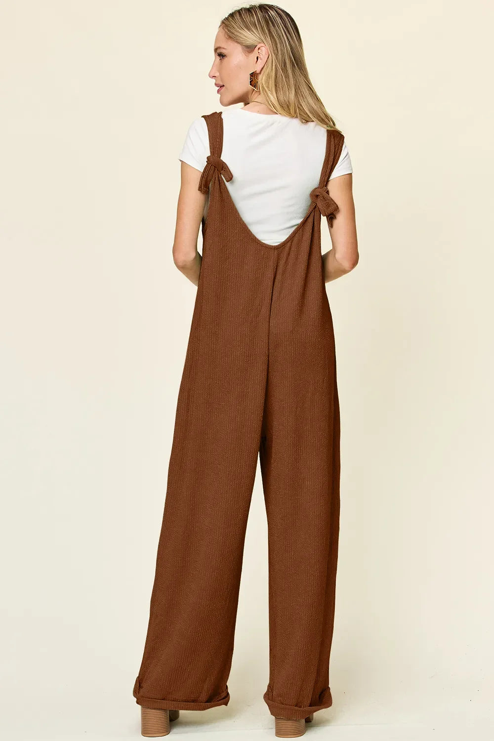 Double Take Full Size Texture Sleeveless Wide Leg Jumpsuit - -