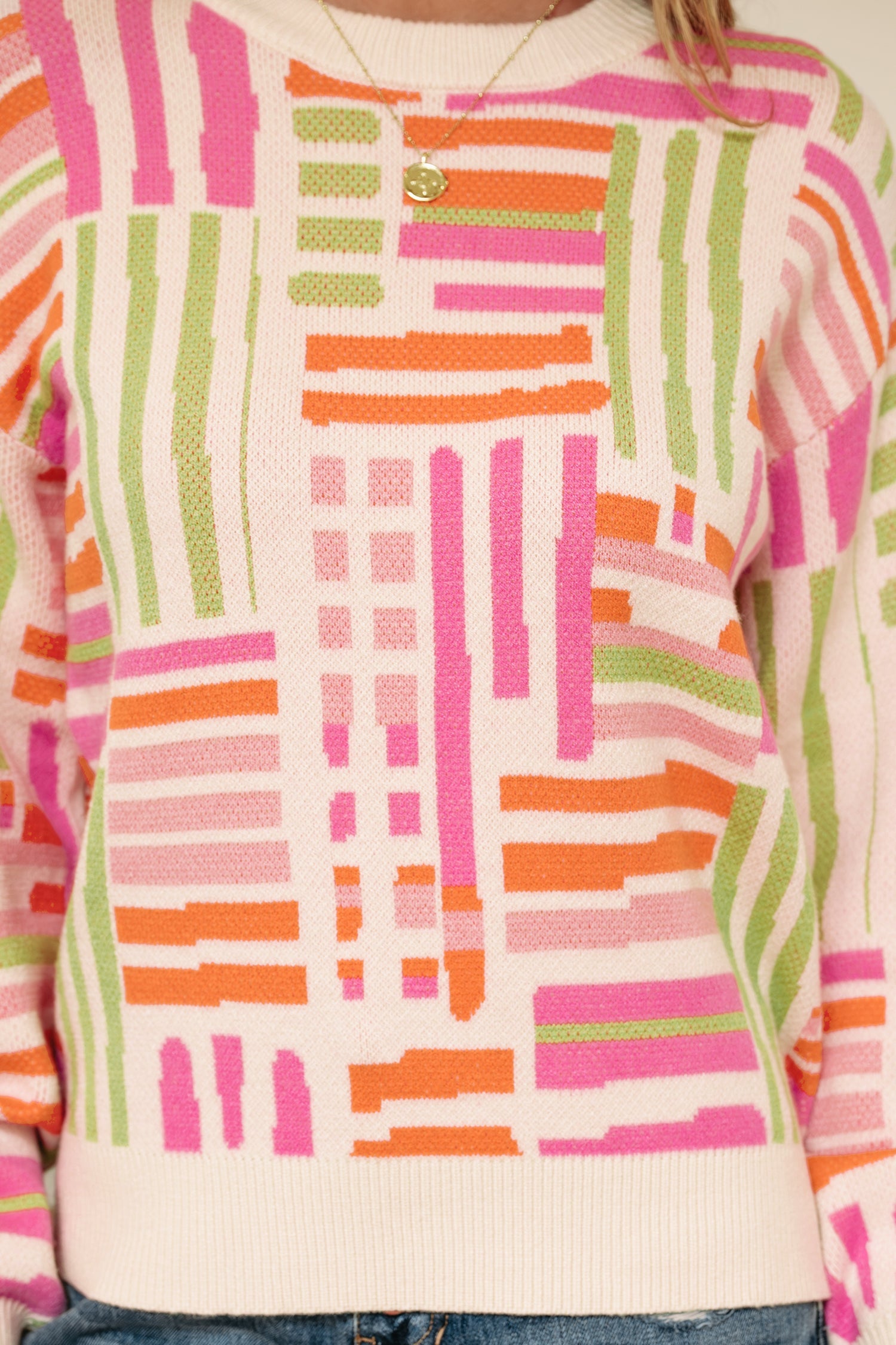 Rose Love Lines Pattern Crew Neck Puff Sleeve Sweater - - Sweaters & Cardigans/Sweaters