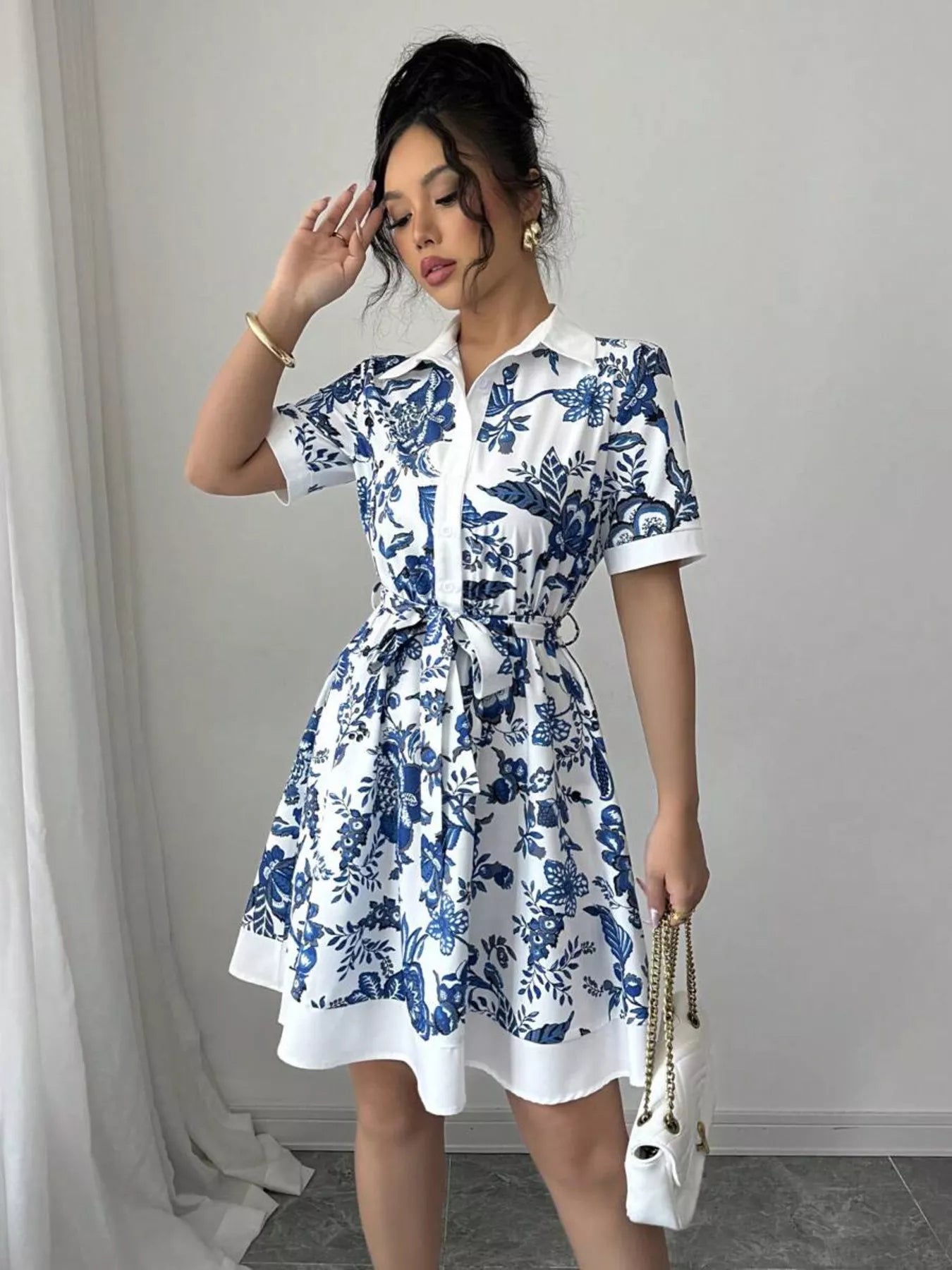 Floral Print Button-Front Shirt Dress - -