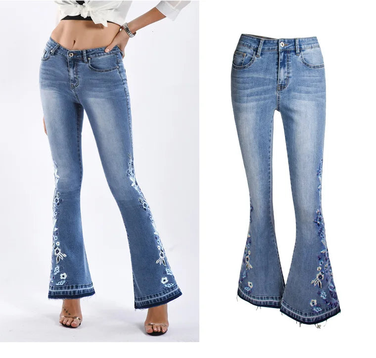 High Waist Wide Leg Bell-Bottom Custom Embroidered Jeans