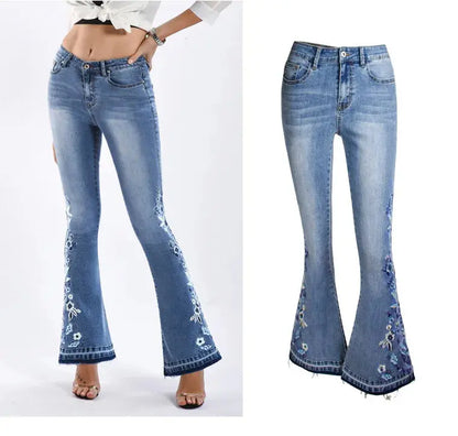 High Waist Wide Leg Bell-Bottom Embroidered Jeans