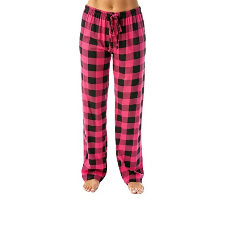 Women Solid Color Buffalo Plaid Pajama Pants Sleepwear With Pockets