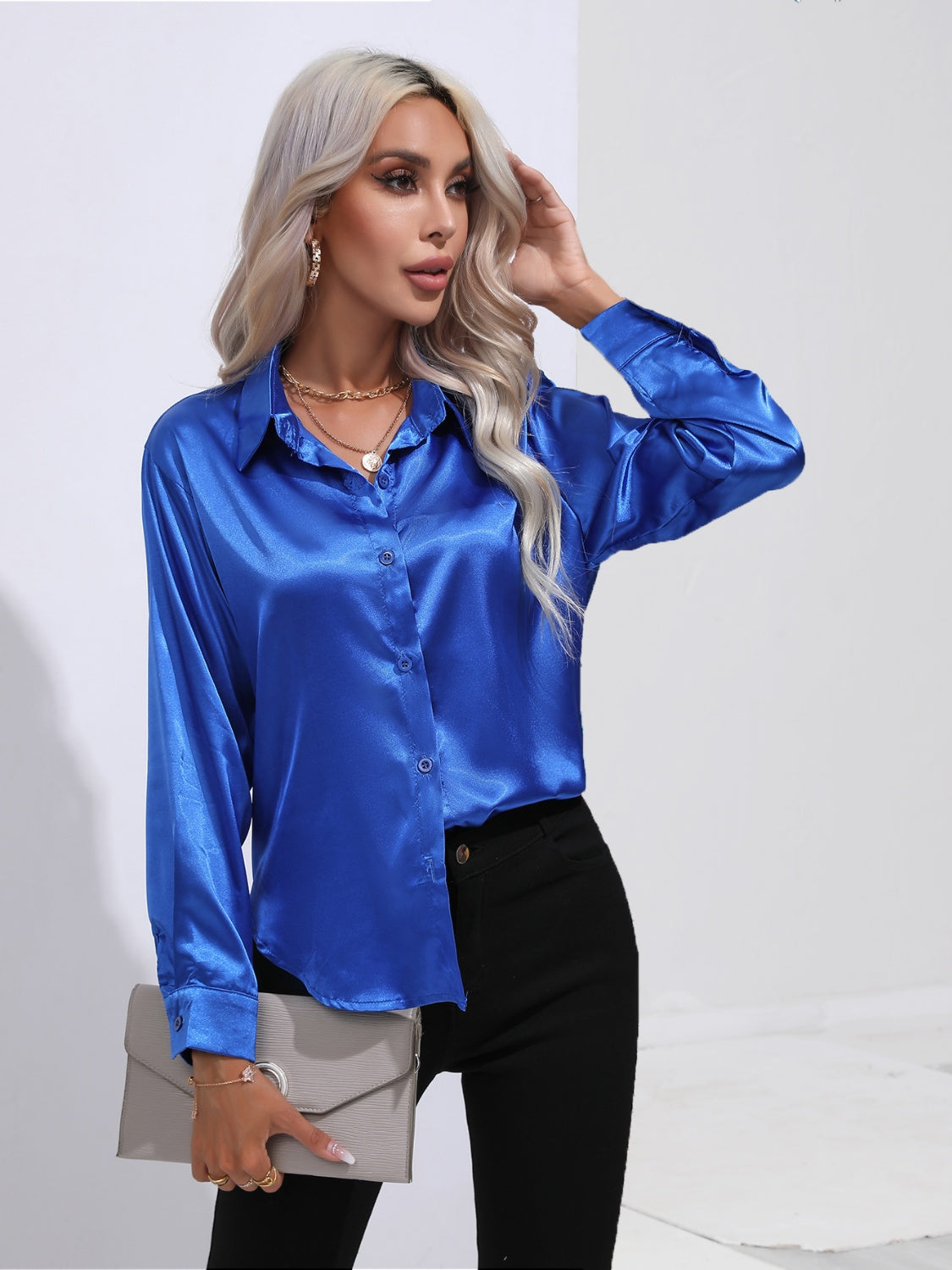 Collared Neck Buttoned Long Sleeve Shirt - Royal Blue -