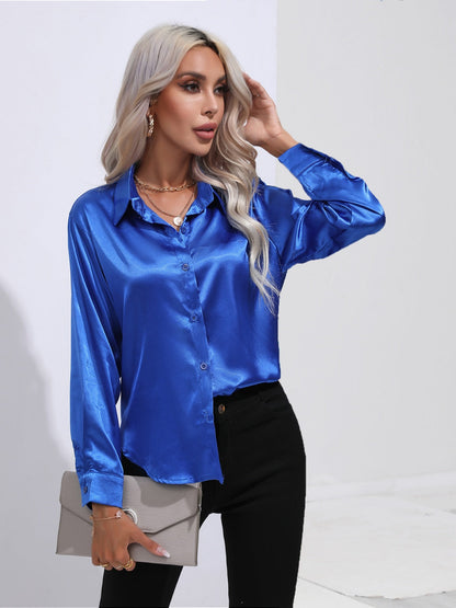 Collared Neck Buttoned Long Sleeve Shirt - Royal Blue -