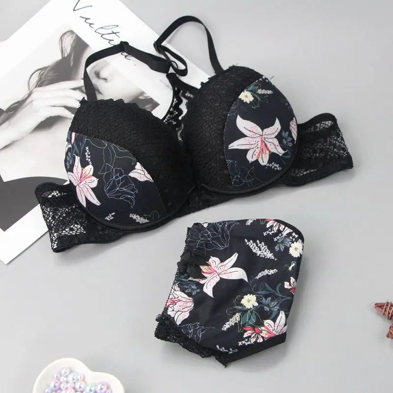 Size Shaper Back Bra Set Print Female Lace French Underwear Set