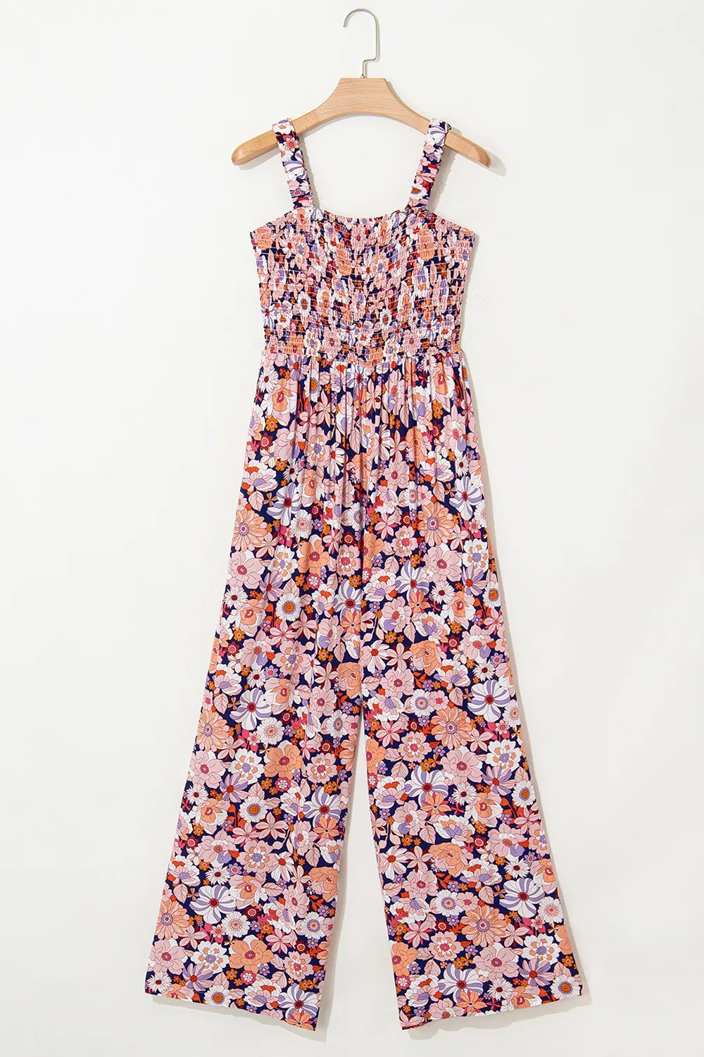 Floral Print Smocked High Waist Square Neck Jumpsuit - -