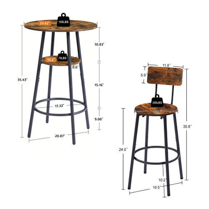 Rustic Brown Round Bar Stool Set with Shelves - - dining set