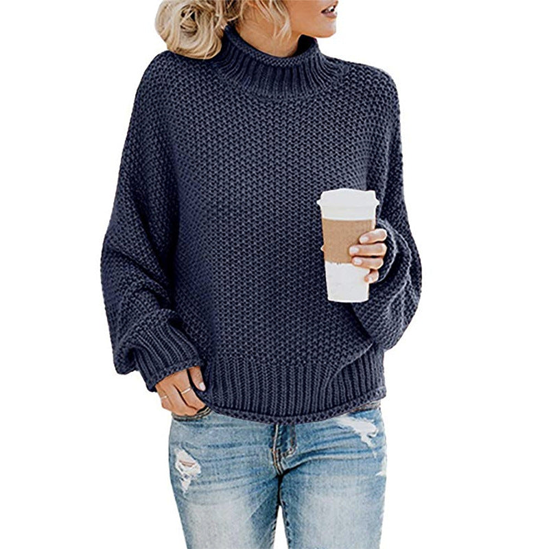 New Knitted Sweater Women's Thick Thread High Neck Pullover Sweater