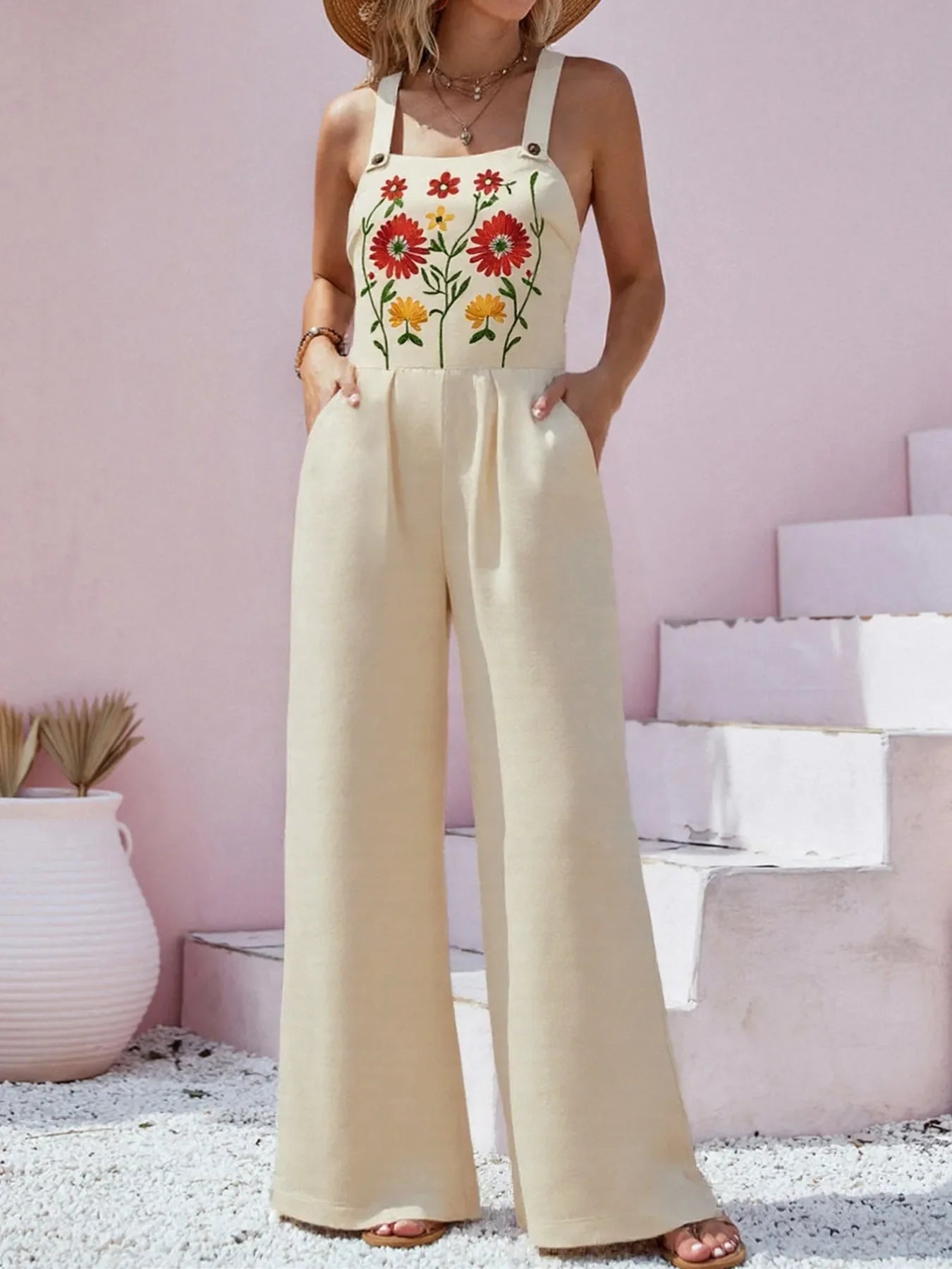 Floral Embroidered Wide Leg Jumpsuit - -