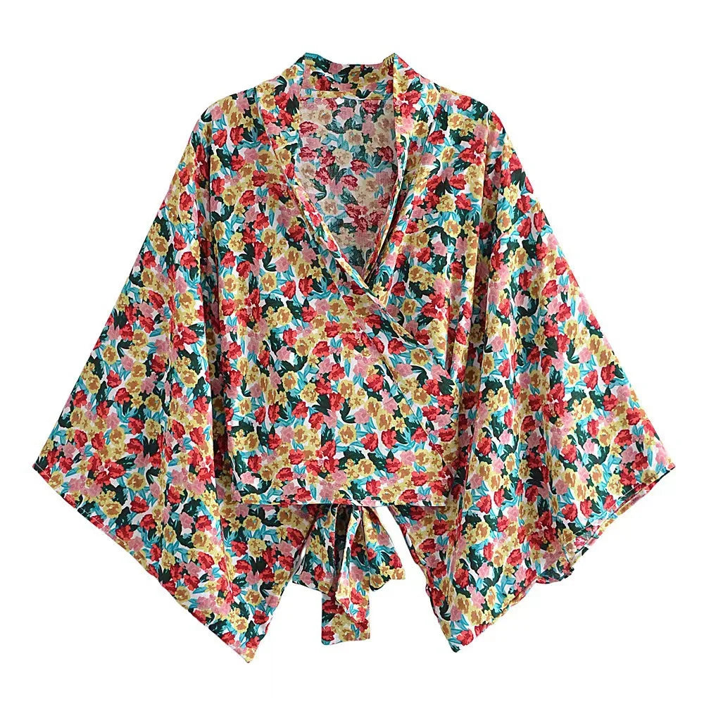 Kimono Shirt Floral Batwing Sleeves