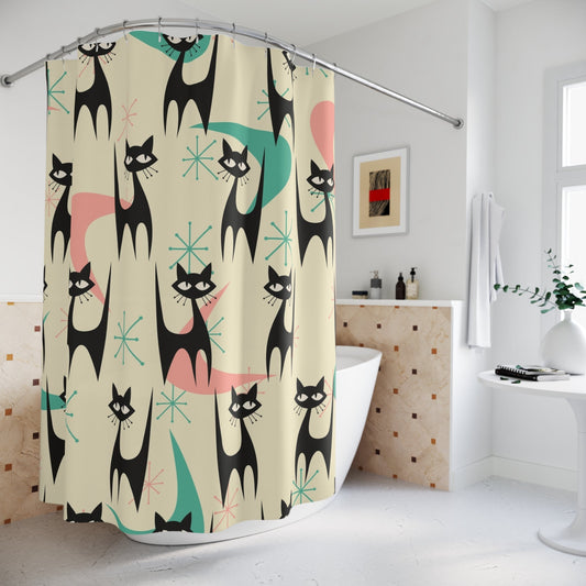 Whimsical Cat Shower Curtain - 71" × 74" - Home Decor
