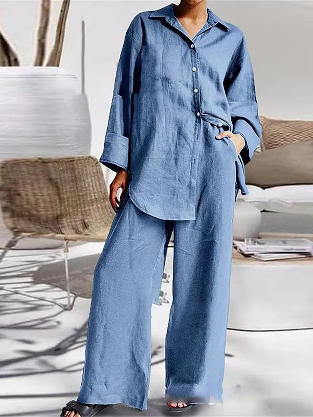 Long Sleeve Cotton Linen Shirt and Loose Pants Two Piece Set Loungewear Set