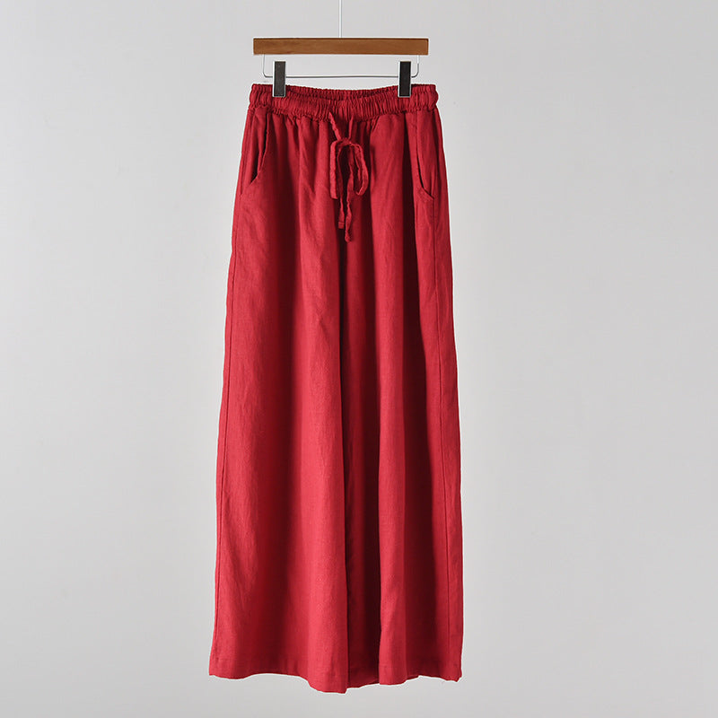 Spring Summer Cotton Linen Women Artistic Stone Washed Women Yoga Pants Linen Casual Wide Leg Pants - Burgundy -
