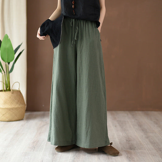 Spring Summer Cotton Linen Women Artistic Stone Washed Women Yoga Pants Linen Casual Wide Leg Pants - -