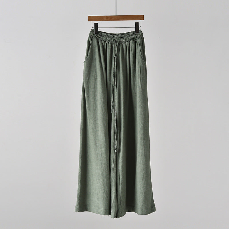 Spring Summer Cotton Linen Women Artistic Stone Washed Women Yoga Pants Linen Casual Wide Leg Pants - blackish green -