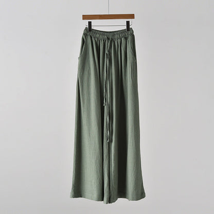 Spring Summer Cotton Linen Women Artistic Stone Washed Women Yoga Pants Linen Casual Wide Leg Pants - blackish green -