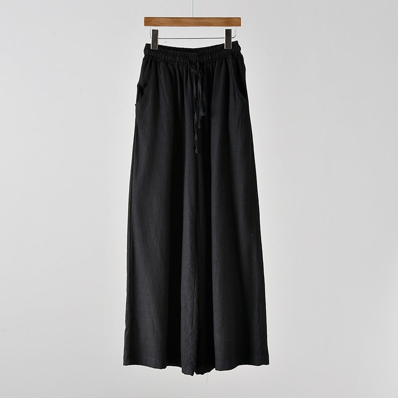 Spring Summer Cotton Linen Women Artistic Stone Washed Women Yoga Pants Linen Casual Wide Leg Pants - Black -