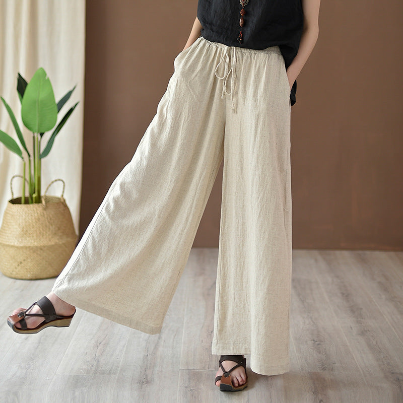 Spring Summer Cotton Linen Women Artistic Stone Washed Women Yoga Pants Linen Casual Wide Leg Pants - -