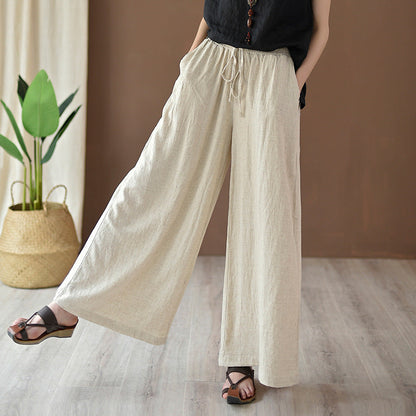 Spring Summer Cotton Linen Women Artistic Stone Washed Women Yoga Pants Linen Casual Wide Leg Pants - -