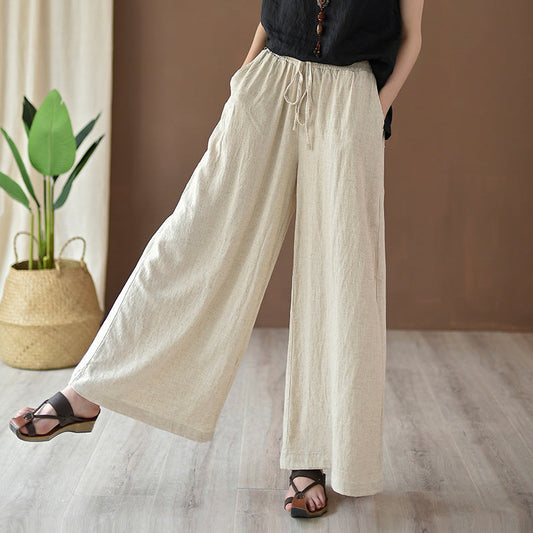 Spring Summer Cotton Linen Women Artistic Stone Washed Women Yoga Pants Linen Casual Wide Leg Pants - -