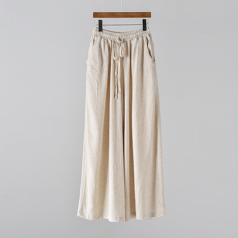 Spring Summer Cotton Linen Women Artistic Stone Washed Women Yoga Pants Linen Casual Wide Leg Pants - Raw Hemp -