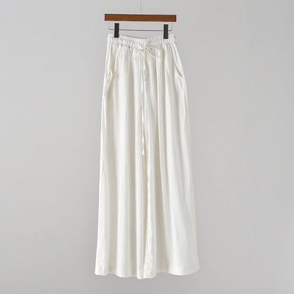 Spring Summer Cotton Linen Women Artistic Stone Washed Women Yoga Pants Linen Casual Wide Leg Pants - White -