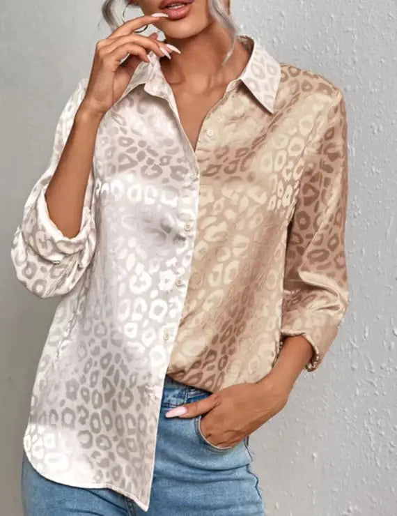 Open Button Leopard Jacquard Temperament Commuter Long Sleeve Blouse