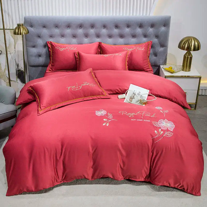 Organic Embroidered 4pcs Silky Satin Bedding Set