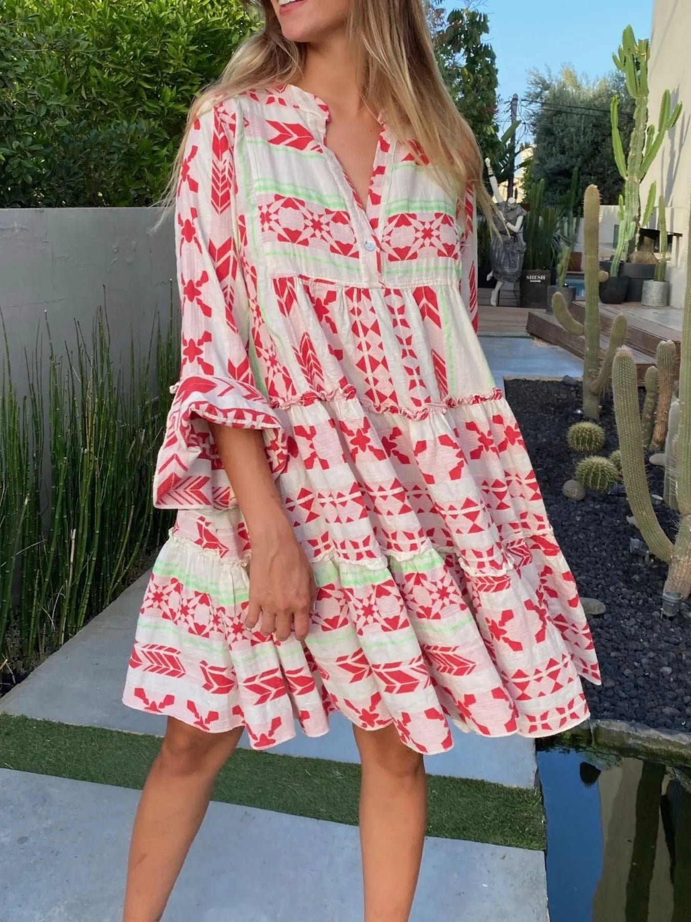 Printed Tiered Babydoll Dress - Red -