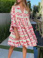 Printed Tiered Babydoll Dress - Red -