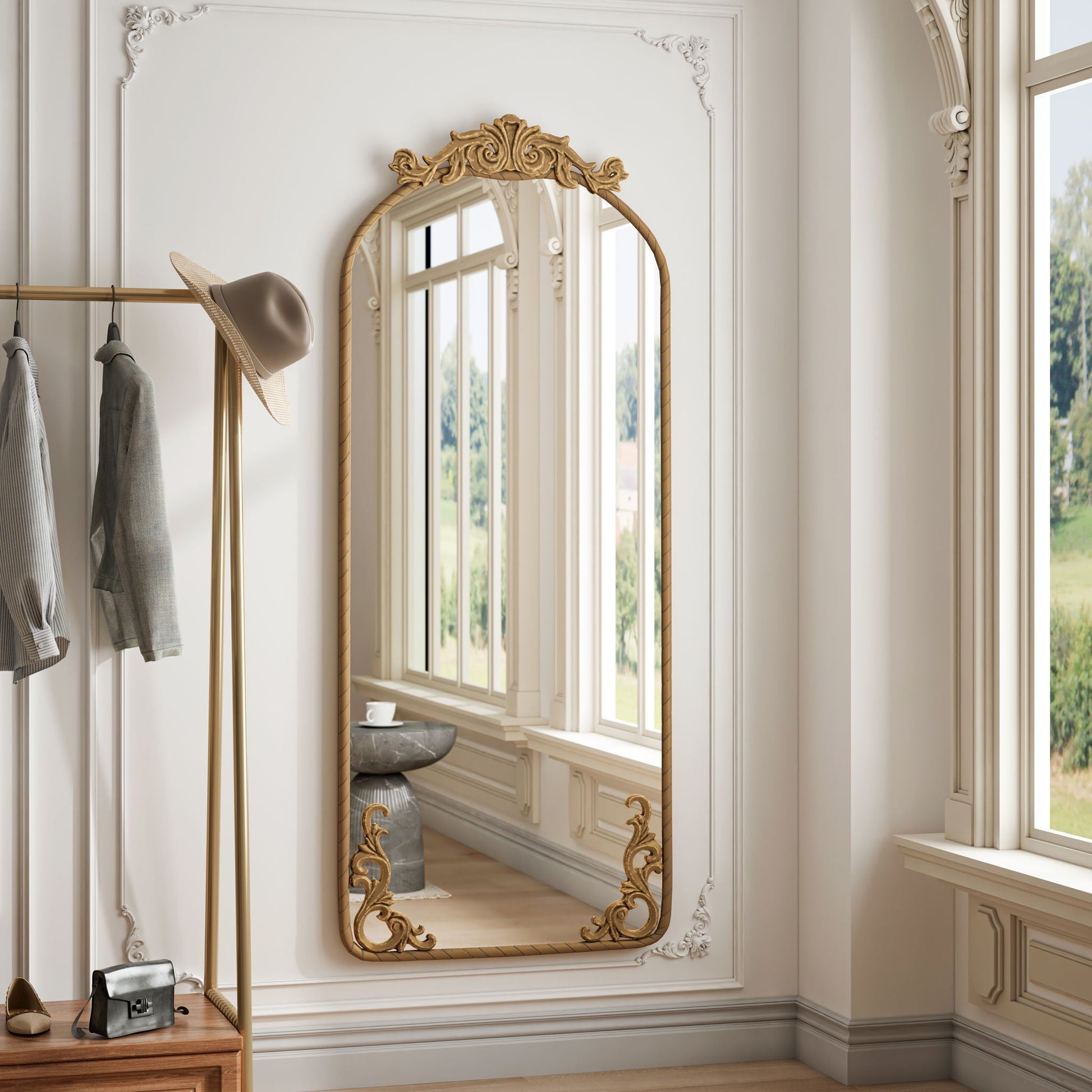 Full Body Arched Mirror With Vintage Carved Applique - - Wall Mirrors